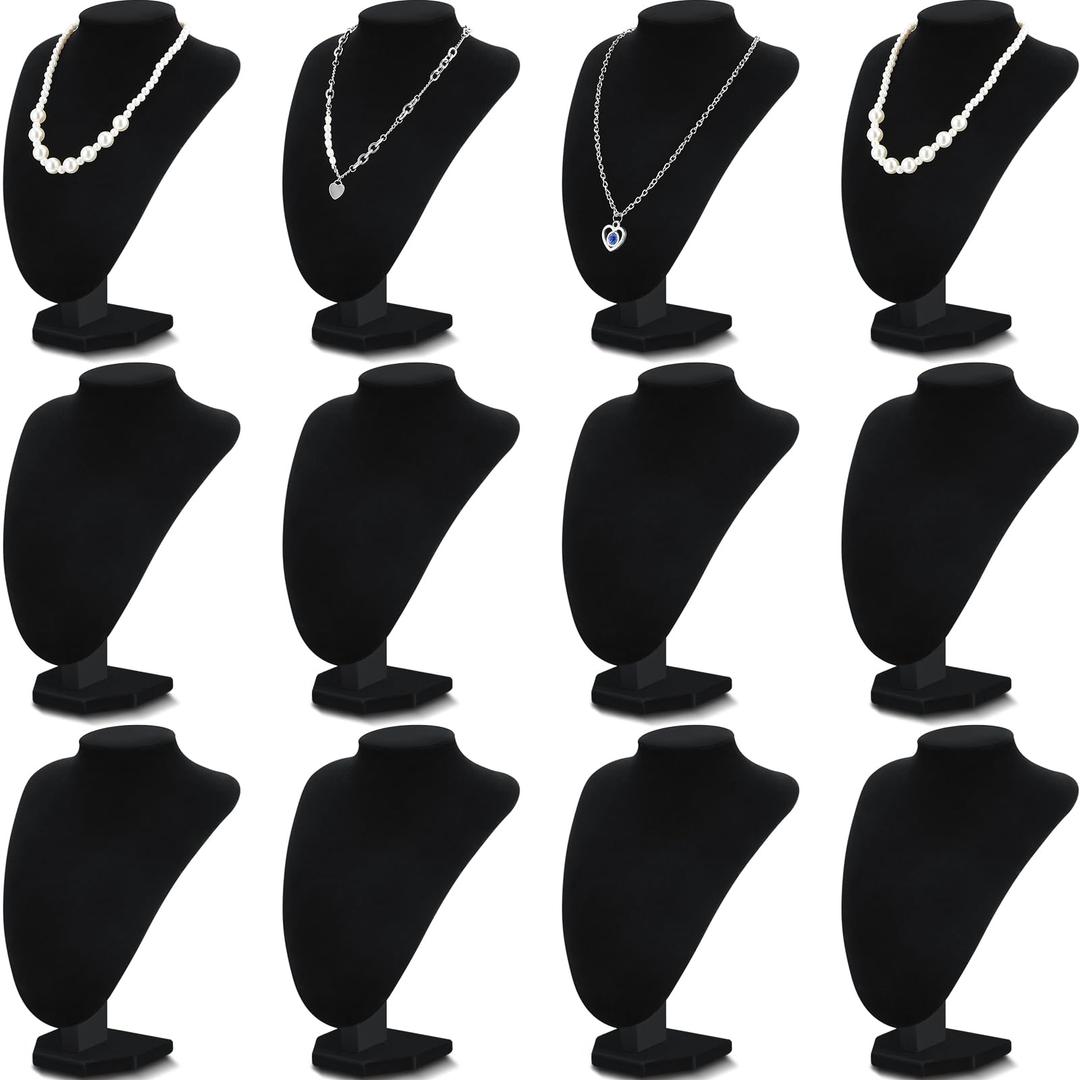Huquary 12 Pcs Necklace Stand Display Jewelry Bust Display Stands Necklace Stand Jewelry Photography Props for Selling for Home Store Trade Shows(Black,Velvet)