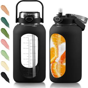 74 Oz Glass Water Bottle with Straw and Handle Lid Half Gallon Motivational Glass Bottle with Silicone Sleeve and Time Marker Large Reusable Sports Water Jug for Gym Home Workout