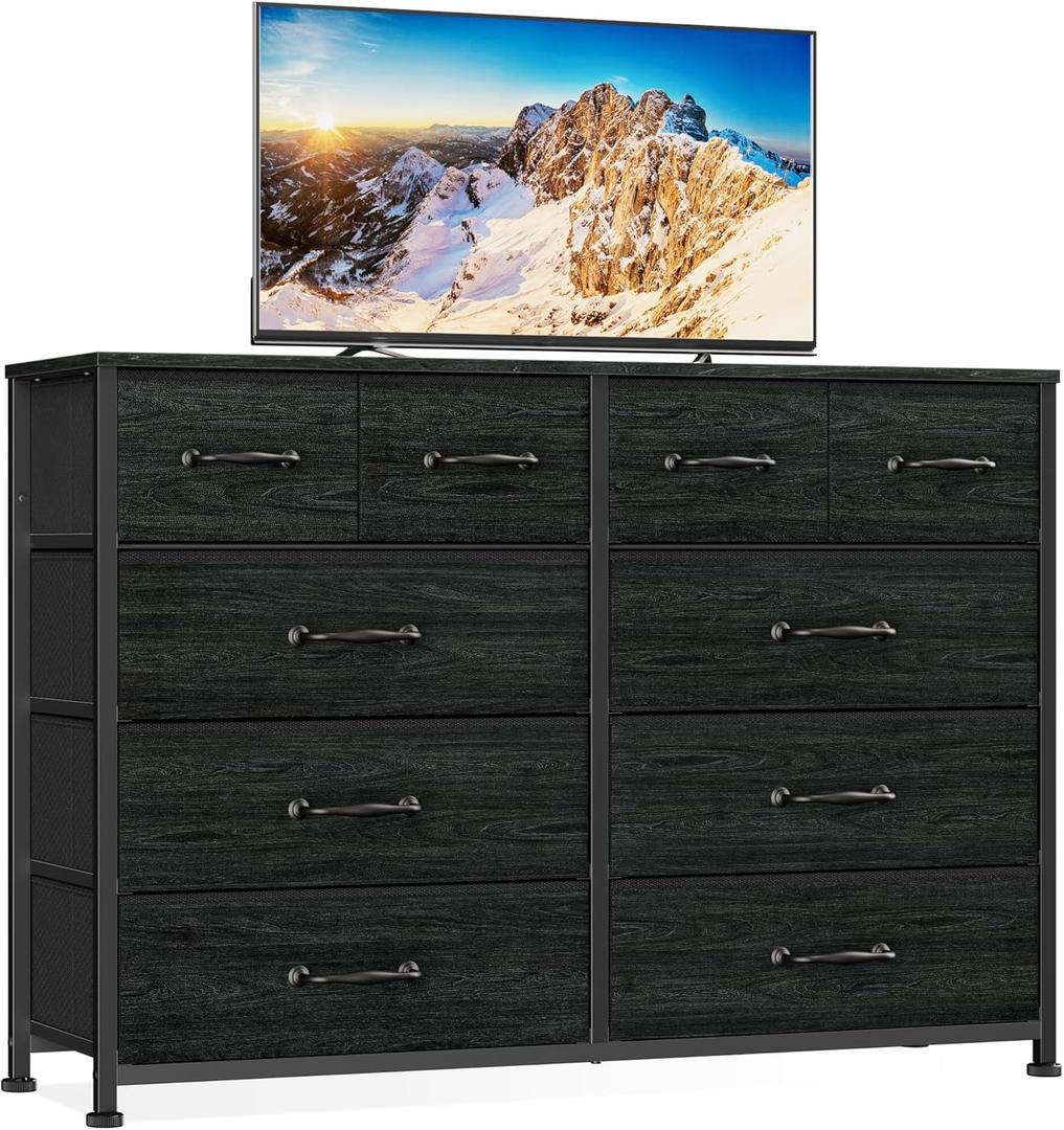 Furnulem Bedroom Dresser for 55Long TV Stand Entertainment Center Dressers & Chests of Drawers,10 Storage Fabric Drawer, Sturdy Metal Frame Tall Storage Cabinet for Living Room, Entryway, Black Oak