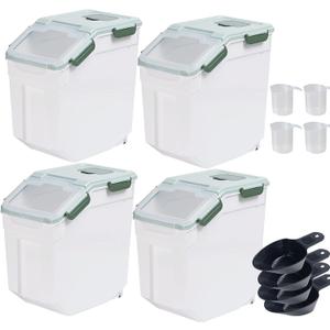 Large Flour Storage Container Bin 25lb, 4 Pack Airtight Rice Storage Containers with Wheels Seal Locking Lid, BPA Free, with Measuring Cup |Scoop, for Beans, Sugar, Grain, Dry Food - Green