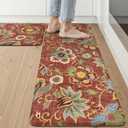 LEEVAN Anti Fatigue Mats for Kitchen Floor 2 Piece,Cushioned Memory Foam Red Kitchen Mats for Floor,Comfort Floral Boho Non Slip Kitchen Floor Mat for Sink,Laundry,Office(17''x29''+17''x47'') (Coral)