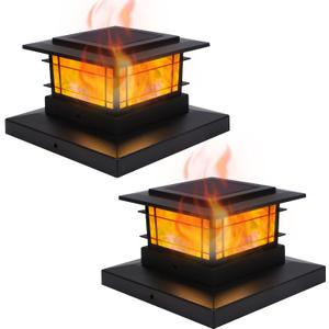Dynaming 2 Pack Solar Post Cap Lights Outdoor with Flickering Flame Light, Fence Post Solar Lights Fit for 4x4 5x5 6x6 Vinyl/Wooden Posts, High Brightness SMD LED Lighting Decor for Garden Deck Patio