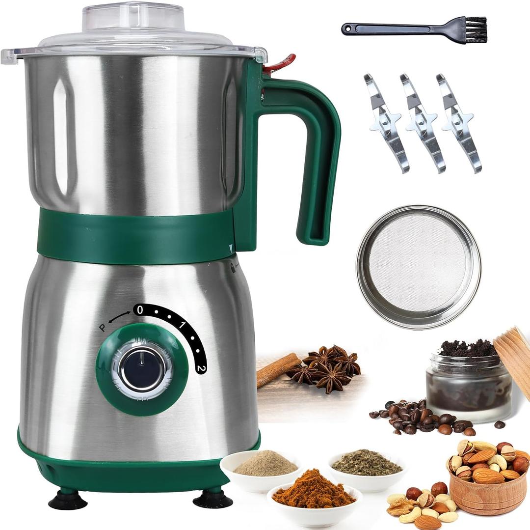 Spice Grinder Electric,Herb Nut Grinder for Kitchen,Detachable Espresso Grinders with Stainless Steel Blades,Filter and Brush, 500w Dry and Wet Grain Mill for Coffee,Rice,Bean,Seasoning (Green-X)