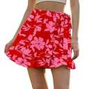 Women's Floral Ruffle Hem Wrap Shorts Casual Summer Elastic Waist Tie Front Zip Up Boho Skirts Skorts 2025 Red  (Medium, Red)