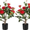 Artificial Rose Flower Trees 2 Pack- 24 Lifelike Plant in Pot with Red Flowers Decorative Rose Trees for Home, Office, Wedding, and Event Decor, Red