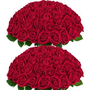 BLEUM CADE 50 Pcs Red Roses Artificial Flowers, Real Touch Velvet Roses Fake Flowers Bulk, Artificial Roses Bouquet with Long Stems Bridal DIY Wedding Party Centerpiece Decorations