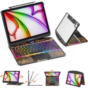 GUSGU Transparent Case with Wireless Keyboard for iPad Air 13-in.(M3/M2, 2025/2024), 7 Colors Backlight, Trackpad, 360Rotating Stand for iPad Pro 12.9-in (6/5/4/3 Gen), Tech Style (Shadow Circuit)