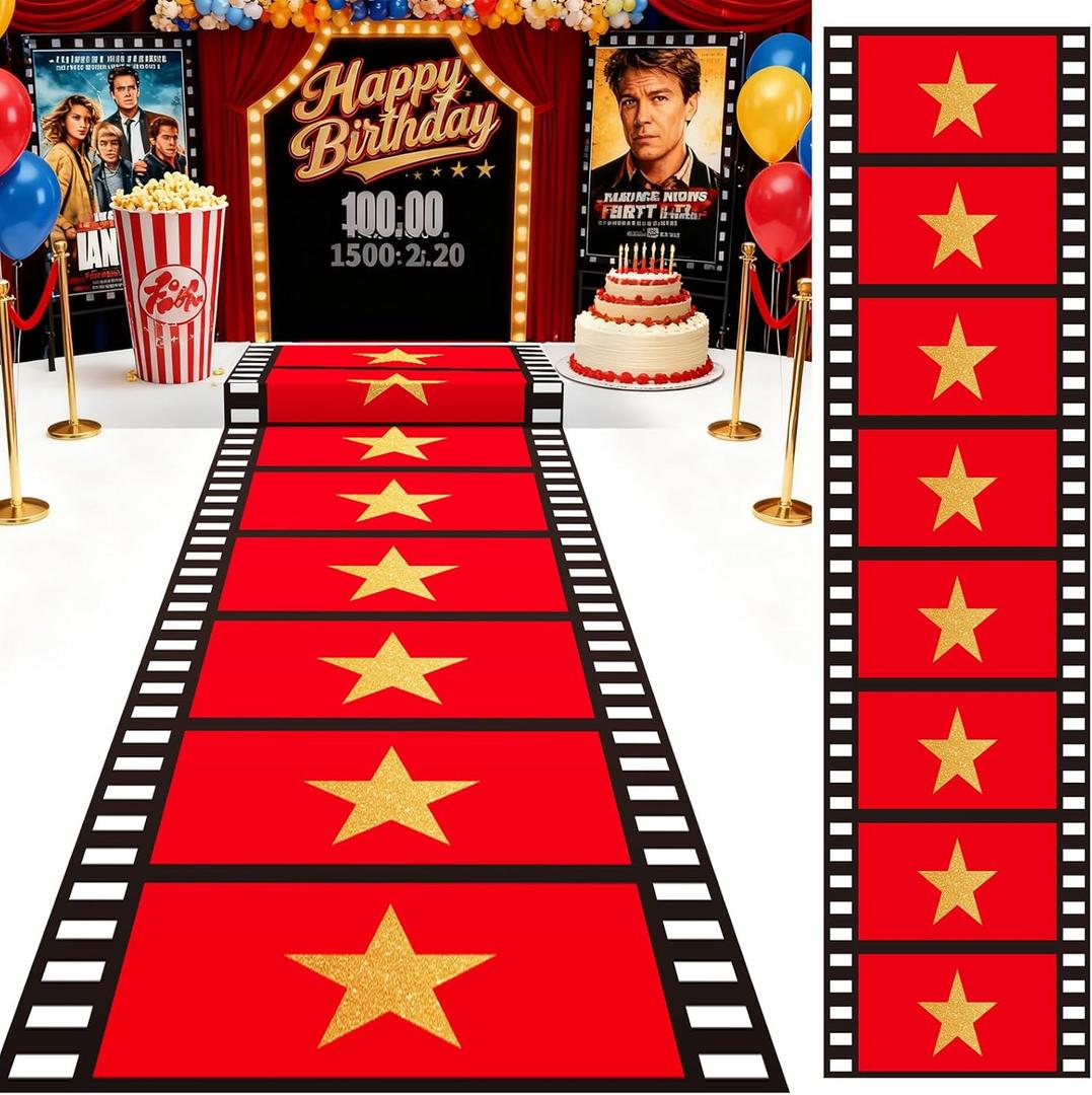 Woanger Plastic Movie Night Runner with Gold Star 30 μm Thickness Runner Rug Red Carpet Decor for Aisle Floor Runway Stage Stair Hallway Movie Theme Birthday Wedding Prom Party (3.3 x 50 Ft,Film)