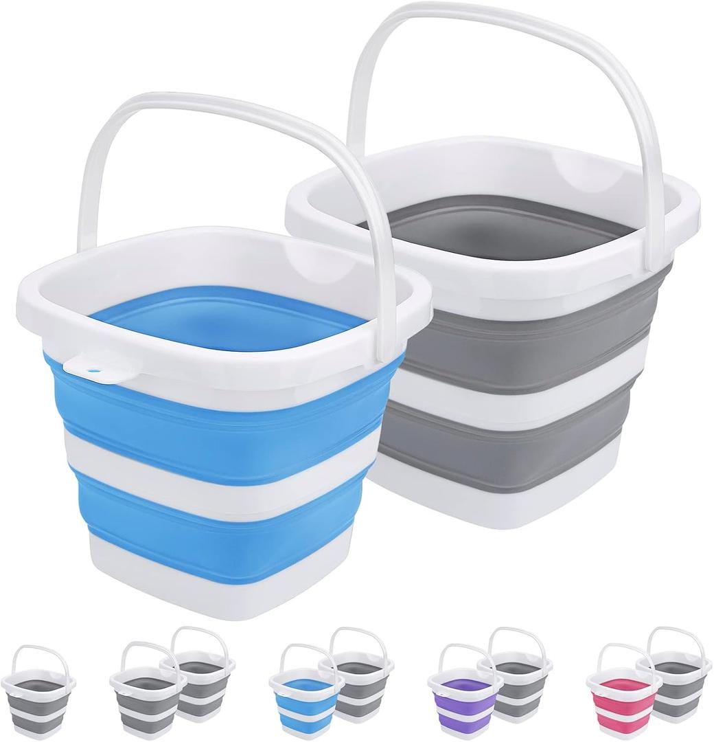 2 Pack Collapsible Buckets 5L 1.3Gallon Small Cleaning for Household Portable Plastic Outdoor Car Washing Tub Foldable Camping Beach Sand Water Pot Pail Space Saving Square Grey and Blue
