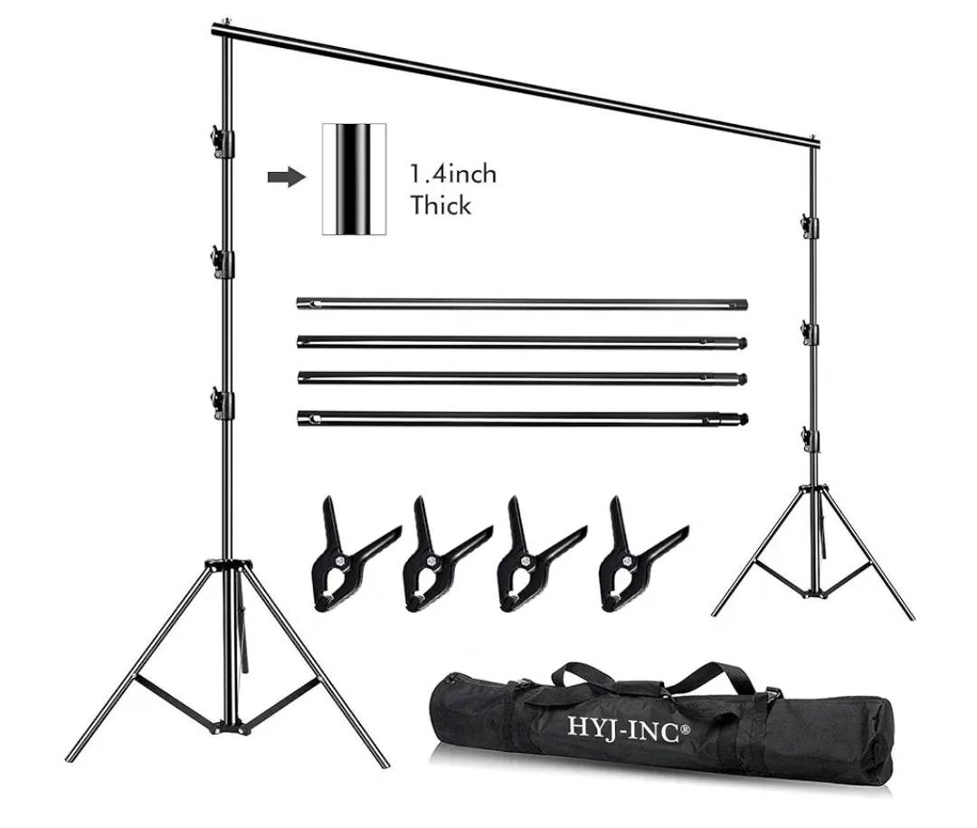 10 x 10Ft Photo Video Studio Heavy Duty Adjustable Muslin Backdrop Stand Background Support System Kit for Photography with Carrying Bag，4 Pcs Spring Clamps