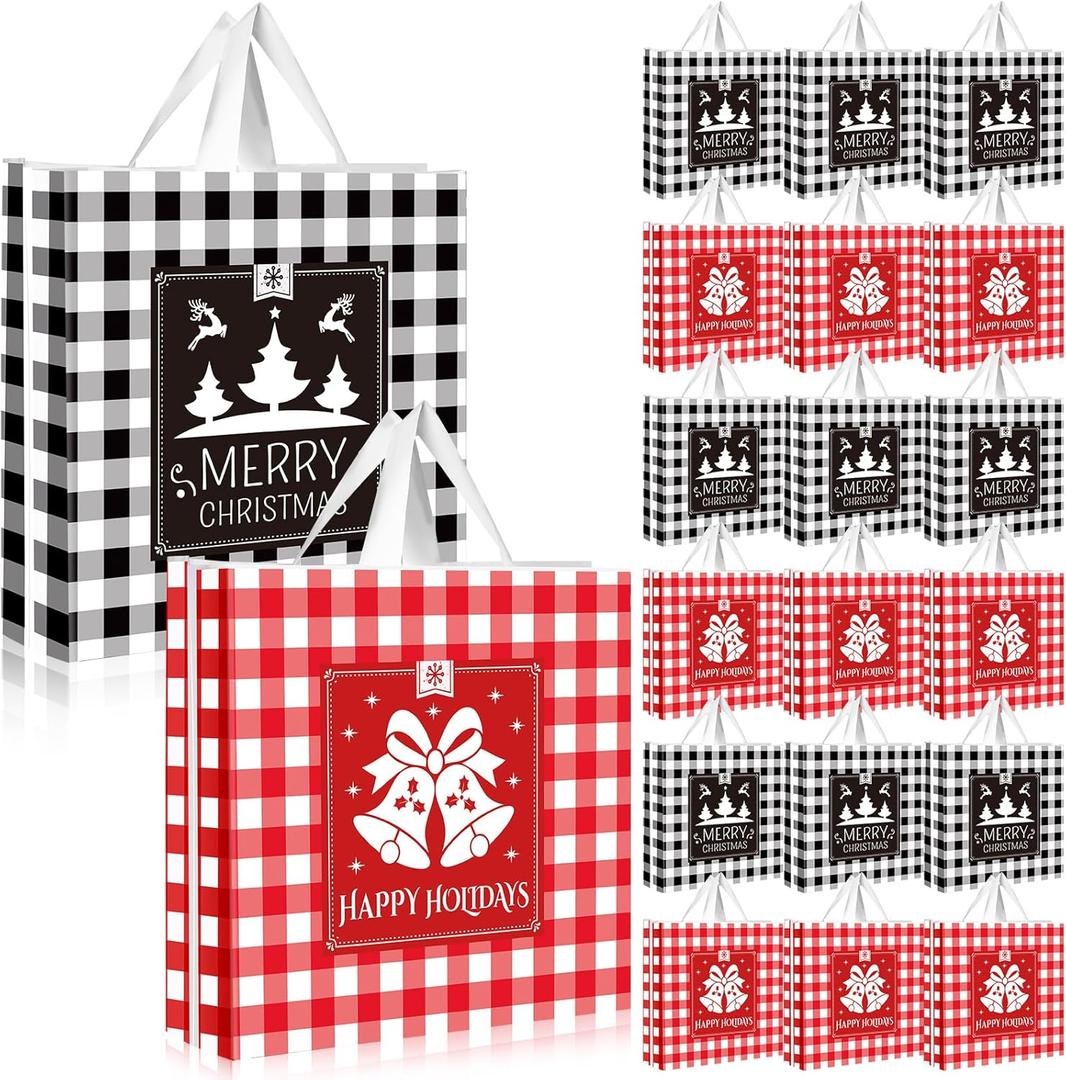 200 Pcs Large Christmas Gift Bags Bulk 15.7 x 11.8 x 3.9 Plastic Shopping Bag with Handles Holiday Merchandise Boutique Totes for Business Retail Clothing Wrapping Party(Plaid)