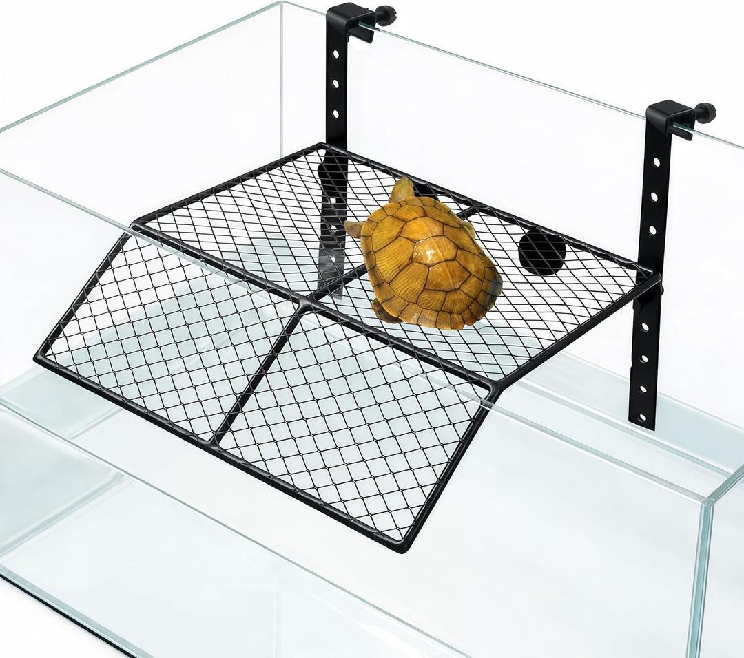 Turtle Basking Platform,Heavy-Duty Metal Hanging Dock with Dual Hooks & Suction Cups, Stable Above Tank Basking Area, Turtle Tank Accessories for Small to Medium Turtles (Black, Medium) 
