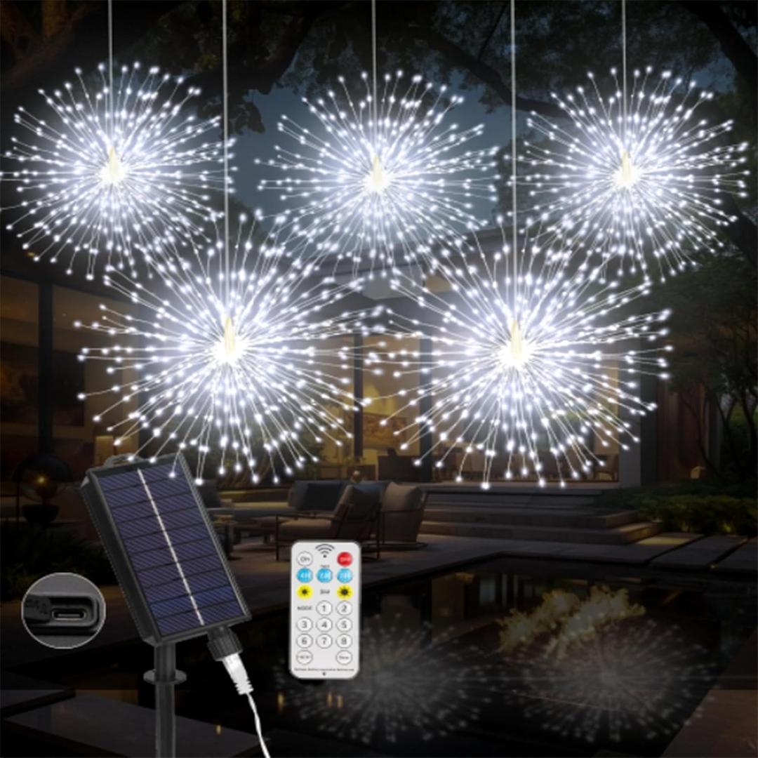 Solar Christmas Firework Lights Outdoor, 1000 LED Starburst Light Outdoor with USB Rechargerable, 8 Modes Waterproof Solar Hanging Lights for Gazebo Yard Party Christmas Decorations (White, 1000 LED)