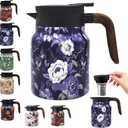 Vintage Floral Pattern Tea Pots Built-in Infuser, Vintage Floral Teapot with Built In Infuser Stainless Steel Thermal Carafe with Lid for Hot Drinks, Blue(Wooden handle,35oz)