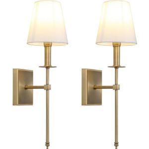 PERMO Set of 2 Classic Rustic Industrial Wall Sconce Lighting Fixture with Flared White Textile Lamp Shade and Antique Brass Tapered Column Stand, Hardwired, E26 Base