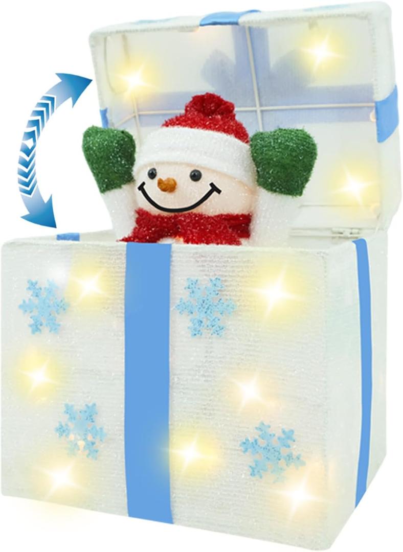 Animated Christmas Snowman in Lighted Gift Box, Christmas Light Gift Box White for Outdoor Indoor Decorations - Xmas Pop Up Snowman Presents Box, Porch Yard Under Tree Ornaments Holiday Decor