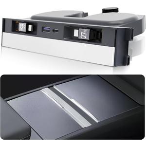 USB Hub for Tesla Model Y Juniper 2025 2026 Model 3 Highland 2024 2025 with Sliding Cover, 119W Multi Ports Fast Charger Waterproof Docking Station with Retractable Cables fit Center Console