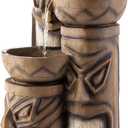 Alpine Corporation 29"H Outdoor 3-Tiered Tiki Head Bowl Waterfall Floor Fountain with Cool White LED Lights, Brown