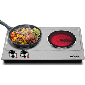 Double Burner, CUSIMAX 1800W Ceramic Electric Hot Plate for Cooking, Dual Control Infrared Cooktop, Portable Countertop Burner, Glass Plate Electric Cooktop, Silver, Stainless Steel-Upgraded Version