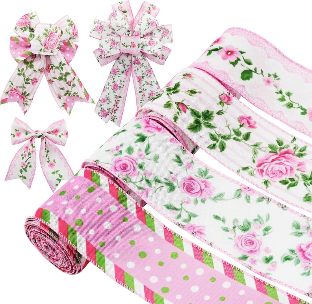 4 Rolls Pink Rose Floral Wired Edge Ribbon  2.5 Inch, 5 Yards Each, Summer Grosgrain Set for Wedding Decor, Gift Wrapping, DIY Crafts, Mother's Day Gift