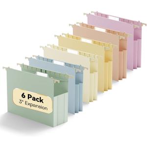 Plastic Extra Wide Hanging File Folder Letter Size,Heavy Duty Reinforced 3" Expansion Accordian Pocket,6 Pack Filing Cabinet Folders with Tabs,Pastel Color Hanging Organizer for Bulky Files