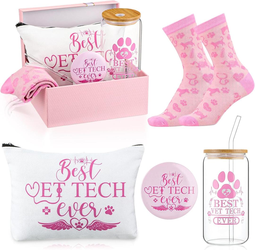 Kacctyen 5 Pcs Vet Receptionist Week Gifts for Women Veterinarian Appreciation Gifts Best Vet Tech Ever 16 oz Glass Cups Cosmetic Makeup Bag Pocket Mirror Socks for Veterinary Technologist Nurse