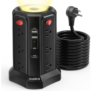 Long Surge Protector Power Strip 16 FT Cord, PD20W USB C Power Strip Tower with Night Light, Extension Cord with Multiple Outlets with 4 USB Ports, PASSUS Charging Station Home Office Essentials Black