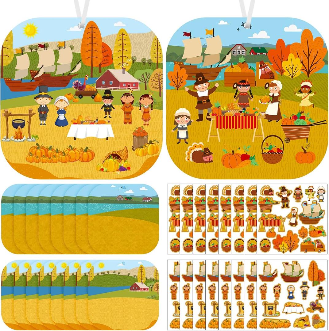 16 Sets Thanksgiving Crafts for Kids Thanksgiving Sticker Scene Thanksgiving Party Supplies for Fall Them Party Turkey Pumpkin Fall Crafts Pilgrims Native Americans Stickers Autumn Hanging Decor