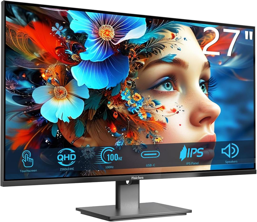 Pisichen Touchscreen Monitor 27" 2K 100Hz Gaming Monitor, QHD 2560x1440 IPS PC Monitors, 10-Point Touch Screen Computer Monitors, with USB C HDMI DP Ports, Built-in Speakers