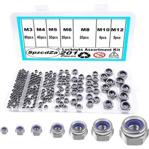 201pcs Locknuts Assortment Kit,M3 M4 M5 M6 M8 M10 M12 Metric Nylon Insert Lock Nuts Set,304 Stainless Steel Lock Nuts