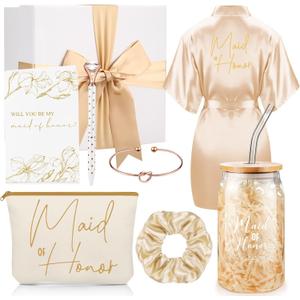 Irenare 8 Pcs Proposal Gifts Set Robes Makeup Bag Cup Cards Hair Tie Bracelet Diamond Pen Bridesmaid Gift Box(Champagne,Maid of Honor)