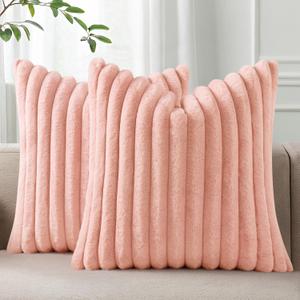 Pallene Faux Fur Plush Throw Pillow Covers 18x18 Set of 2, Luxury Soft Fluffy Striped Decorative Pillow Covers for Sofa, Couch, Living Room, Pink