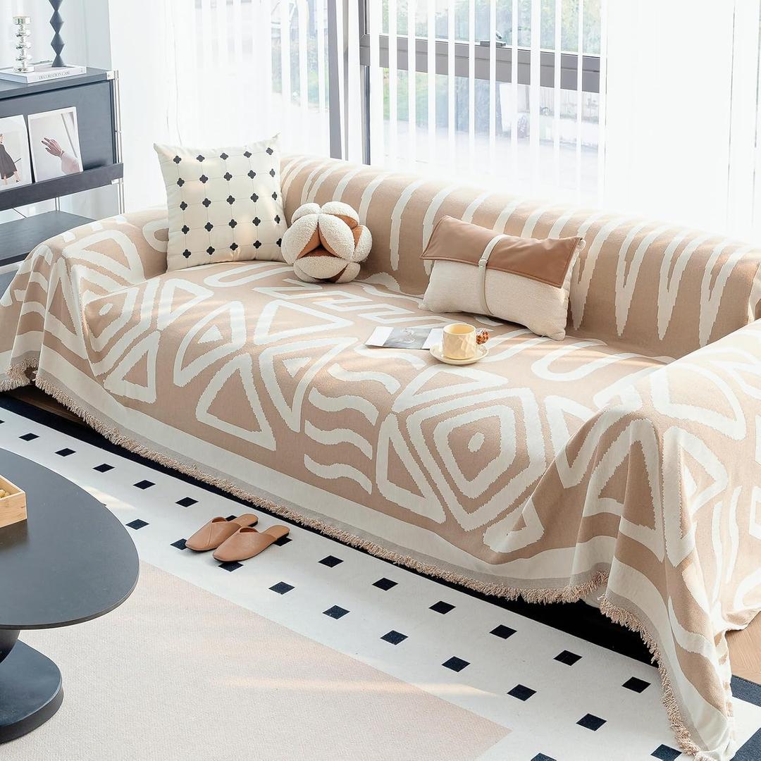 Boho Couch Cover Blanket for Sofa, Boho Chenille Sofa Cover Blanket, Boho Sofas Throw Cover, Chenille Blanket Couch Throw Covers for Recliner Couch Cover Pet Friendly Washable(Khaki, 59"x 71")