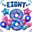 Blue Alien Birthday Decorations 40 Inch Number Balloon Set 8 with Letter Balloons, Star Foil Balloons and Printed Latex Balloons for Kids Cartoon Tropical Party Decor