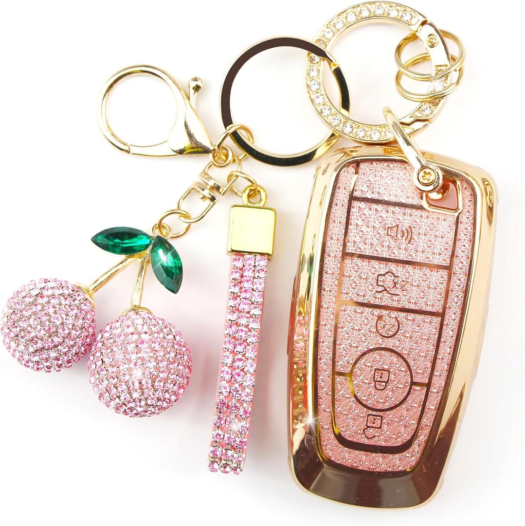 Sparkly Key Fob Cover with Cherry Keychain, Bling TPU Smart Key Case for Women, Compatible with Ford Fusion Mustang Ranger Explorer Expedition Lincoln Aviator Corsair (5-Button, Gold Pink)