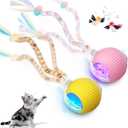 2Packs Interactive Cat Toys for Indoor Cats, Interactive Cat Ball Toy with Elastic Mesh Tail, Automatic Cat/Kitten Toys with Chirping & Motion Activate, Cat Toys for Bored Indoor (Pink+Yellow)