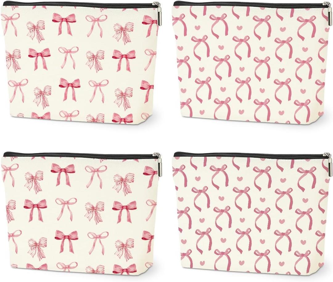 4PCS Pink Bow Makeup Bag, Coquette Preppy Cosmetic Bags Bow Gifts for Women Girls Pink Trendy Toiletry Bag Best Birthday Christmas Gifts for Girls Women Sister Travel Bags