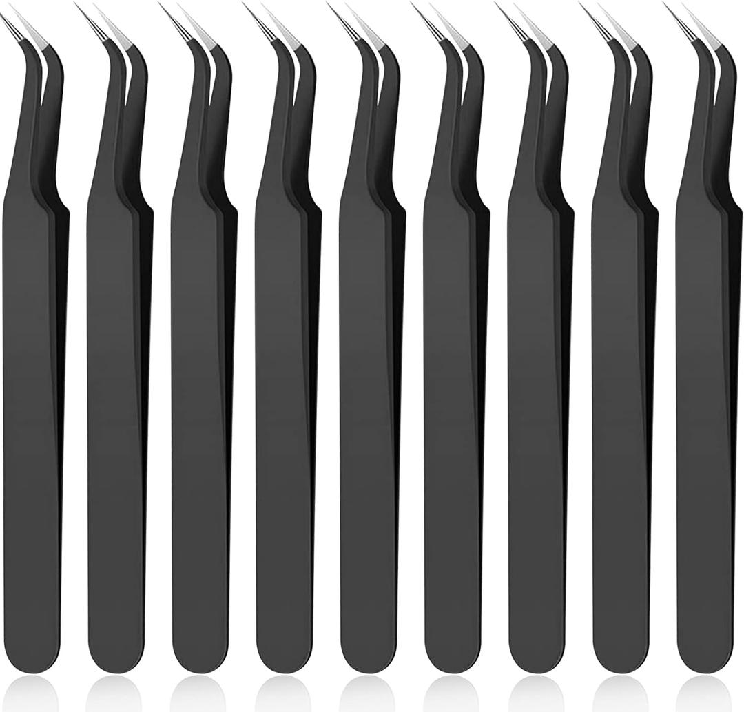 Honoson 9 Pieces Curved Pointed Craft Tweezers Stainless Steel Precision Tweezer with Protective Cover for Rhinestones Dried Flowers Craft Stickers Eyelash Extension Jewelry Making (Black)