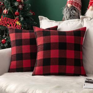 MIULEE Pack of 2 Christmas Classic Farmhouse Buffalo Check Plaids Polyester Linen Soft Soild Decorative Porch Throw Pillow Covers Home Decor Cushion Case for Sofa Bedroom 18x18 Inch, Black and Red