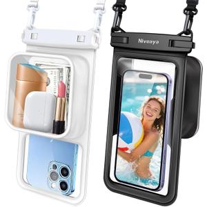 Niveaya [Floatable Floating Waterproof Phone Pouch 2 Pack-Up to 8.5", Large Space Adjustable Neck Lanyard Waterproof Phone Case, Phone Dry Bags for Vacation Beach Pool Kayak Cruise Travel Essentials (Black + White)