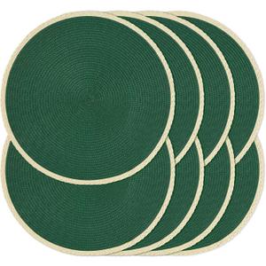 Noctiflorous Round Placemats Set of 8, 15 Inch Braided Hand Woven Table Mats, Heat Resistant Non-Slip Wipeable Thin Edge Place Mats for Kitchen Dining Indoor Outdoor Use(Pine Green, 8)