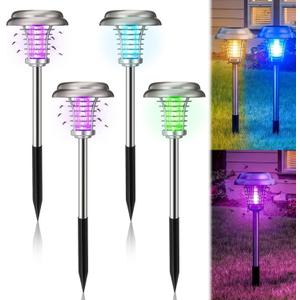 4 Pcs Solar Bug Zapper Outdoor Waterproof Mosquito Repellent light Solar Power Fly Killer lamps for Moths, Gnats, Fly, Small Flying Insect Backyard Garden Lawn (Stainless Steel,Purple & Colored Light)