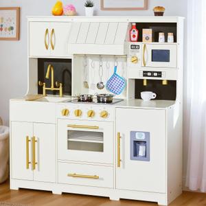 inFUNSAME Wooden Kids Kitchen Playset with Complete Play Areas and Storage, Lights & Sounds, 19Pcs Accessories - Interactive Pretend Play Set, Learning Toy Gift for Boys & Girls Ages 3+(White)