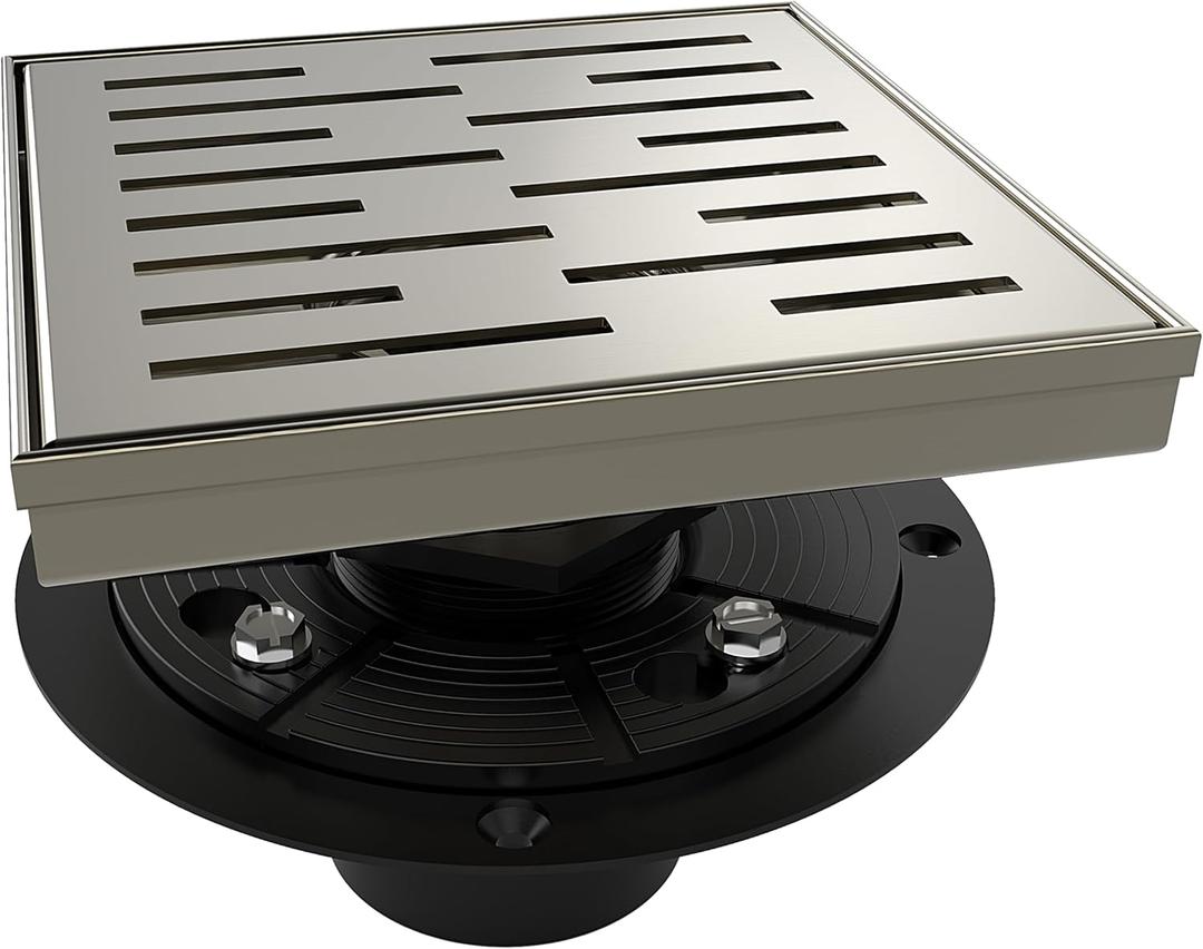 WEBANG 6 Inch Square Shower Drain Nickel Floor Drain with Flange Rainline Pattern Cover Grate Removable SUS304 Stainless Steel Watermark&CUPC Certified Brushed Nickel