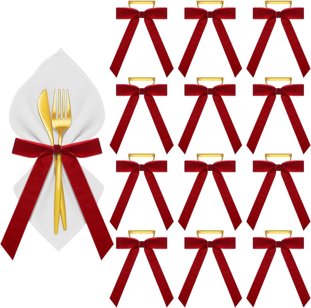 Riceshoot Velvet Bow Napkin Rings Bows with Gold Semicircle Metal Napkin Ring Velvet Bow Holder for Wine Bottles Table Settings Candlestick Wedding Valentine's Day Dinner(Claret Red,12 Pcs)