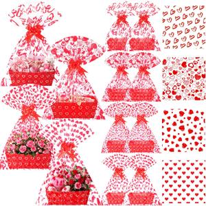 Gueevin 24 Sets Valentine's Day Empty Gift Baskets, Heart Cardboard Trays to Fill, Heart Cellophane Bags, Red Pull Bows, DIY Gift Wrapping for Valentine Mother's Day Wedding Birthday Party