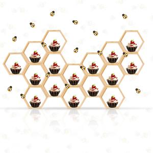 15 Pcs Hexagon Honeycomb Cupcake Stand, Wooden Cupcake Stand with 30 pcs Little Bee Decorations for Baby Shower and Boy/Girl Birthday Party