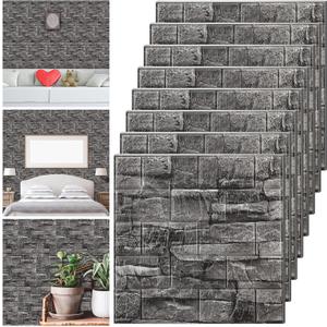Tinlade 30 Pcs 28.81 Sq ft 3D Wall Panels Peel and Stick Foam Brick Wallpaper Printable Faux Brick Wall Panels Decorative Self Adhesive Tiles Waterproof(Rock Black)
