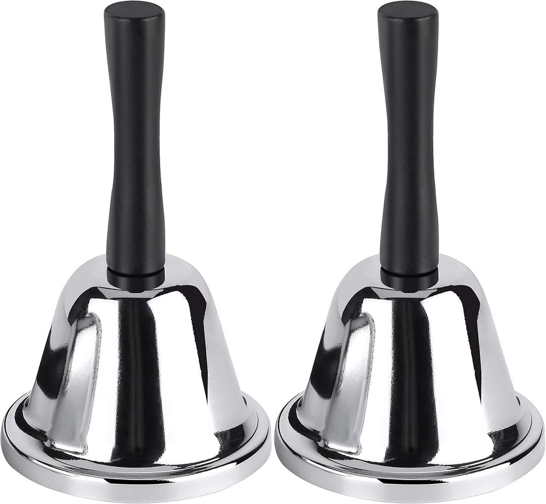 MROCO Loud Hand Bell, 2 Pack Silver Steel Hand Bells for Adults, Dinner Bells for Inside Classroom Bell, for Food Line, Alarm, Jingles, Ringing