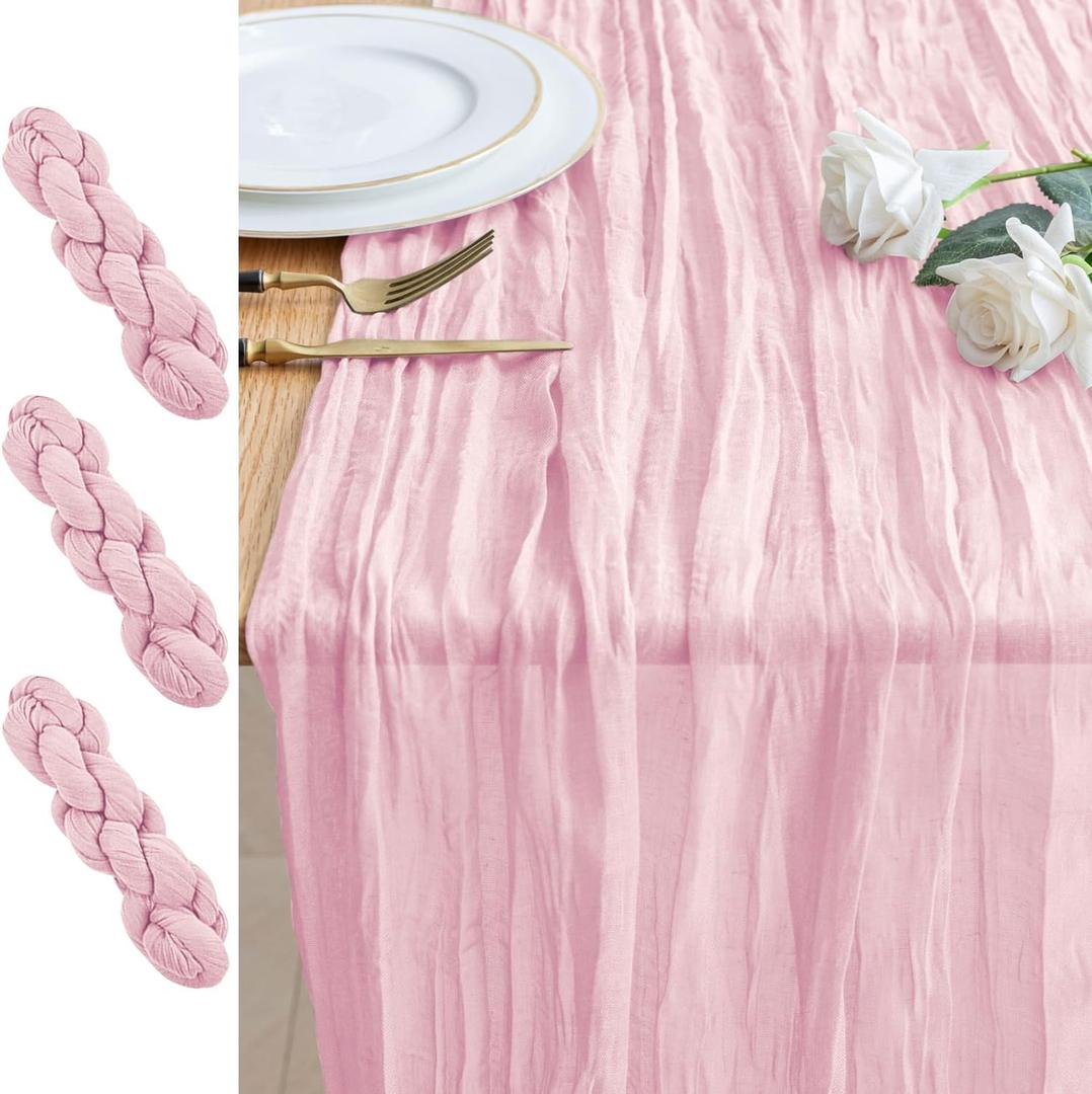 3PCS Table Runner Cheesecloth 10FT Blushing Pink Boho Gauze Cheese Cloth Rustic Sheer Table Runners for Spring Wedding Bridal Baby Shower Party Decoration